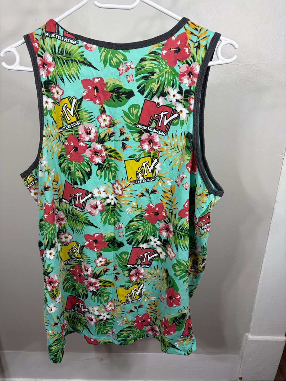 MTV Music Television Tropical Floral Logo Tank Teal Men's Size Medium Y2K Retro - Picture 3 of 3